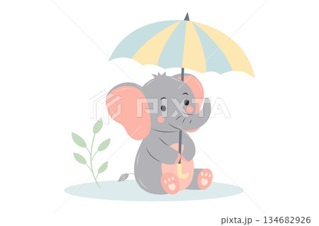 Cute baby elephant sitting with umbrella. Adorable cartoon zoo character. Cartoon flat vector illustration Cute baby elephant sitting with umbrella. Adorable cartoon zoo character. Cartoon flat vector illustration 134682926