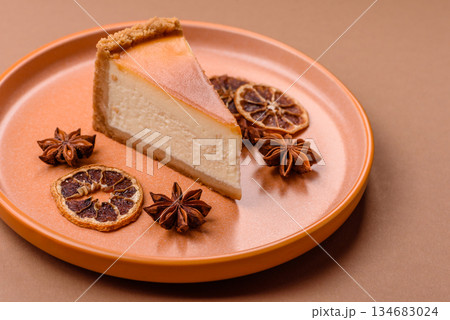 New York cheesecake, a slice of sweet pie, a classic cheesecake dessert. New York cheesecake 134683024