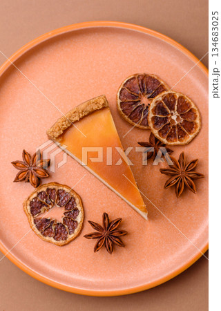 New York cheesecake, a slice of sweet pie, a classic cheesecake dessert. New York cheesecake 134683025