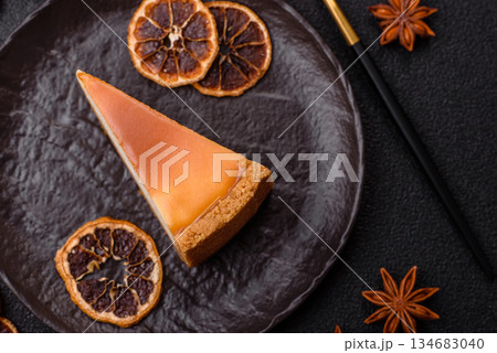 New York cheesecake, a slice of sweet pie, a classic cheesecake dessert. New York cheesecake 134683040