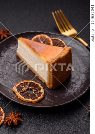 New York cheesecake, a slice of sweet pie, a classic cheesecake dessert. New York cheesecake 134683041