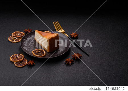 New York cheesecake, a slice of sweet pie, a classic cheesecake dessert. New York cheesecake 134683042