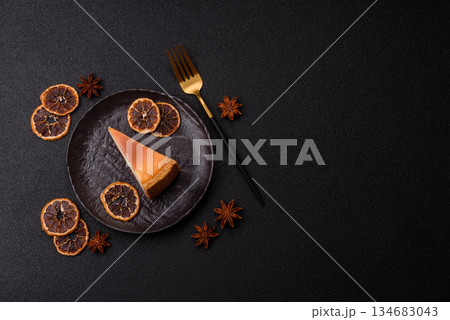 New York cheesecake, a slice of sweet pie, a classic cheesecake dessert. New York cheesecake 134683043