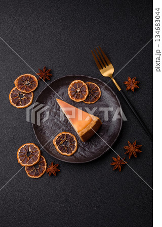 New York cheesecake, a slice of sweet pie, a classic cheesecake dessert. New York cheesecake 134683044