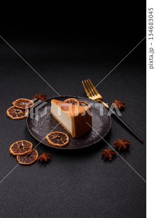 New York cheesecake, a slice of sweet pie, a classic cheesecake dessert. New York cheesecake 134683045