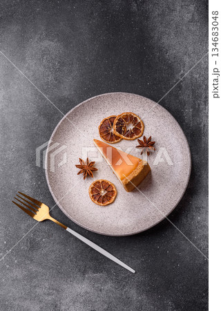 New York cheesecake, a slice of sweet pie, a classic cheesecake dessert. New York cheesecake 134683048