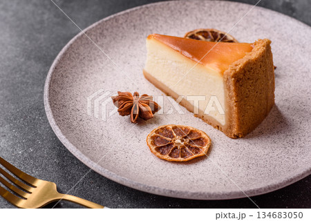 New York cheesecake, a slice of sweet pie, a classic cheesecake dessert. New York cheesecake 134683050