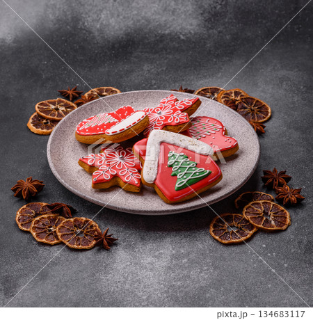 Gingerbread, Christmas cookies, and ornamental holiday baked goods. Christmas gingerbread 134683117