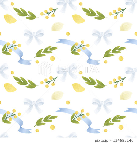 Seamless light pattern with simple yellow flowers, white bows, blue ribbons, green twigs, and leaves. Handmade illustrations, watercolors, pastels. For printing design, textiles, wallpaper, interior 134683146