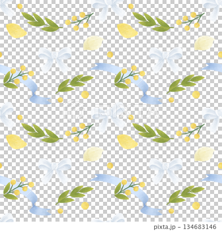 Seamless light pattern with simple yellow flowers, white bows, blue ribbons, green twigs, and leaves. Handmade illustrations, watercolors, pastels. For printing design, textiles, wallpaper, interior 134683146