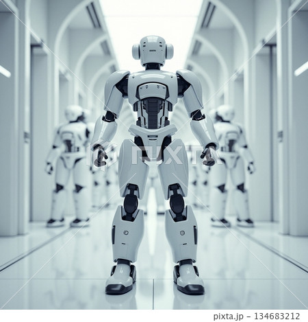 AI generated Hightech security android monitors corridor with precision and discipline 134683212