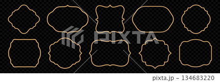 Golden 3d frame set on black background. Oriental style shiny realistic ornamental shapes, Islamic windows, Indian border, decorative element. Vector illustration for certificate, decorative design 134683220