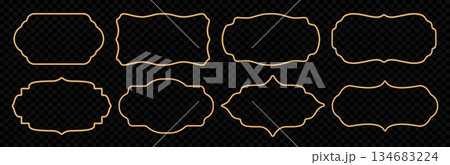 Golden 3d frame set. Ornamental oriental style border, Islamic window shape, Muslim certificate frames, badges, luxury decorative elements. Vector realistic Indian gold metallic decorative shapes 134683224