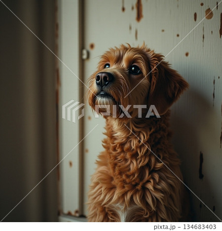 AI generated Adventurous puppy caught, Playful puppy with crumbs exhibits guilty look 134683403