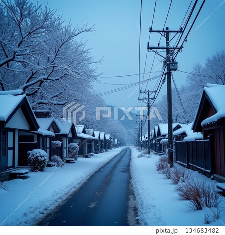 AI generated Silent winter landscape featuring snowladen rooftops and peaceful early 134683482