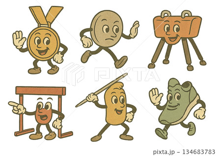 Vintage athletics mascots set in various sports activities, isolated on transparent background 134683783