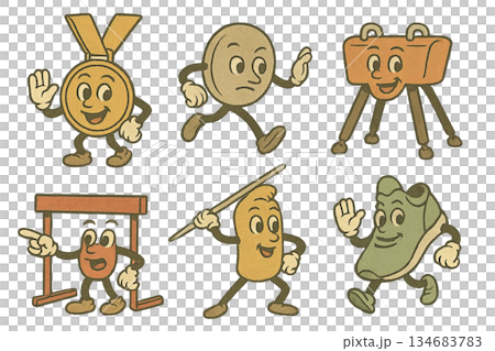 Vintage athletics mascots set in various sports activities, isolated on transparent background 134683783