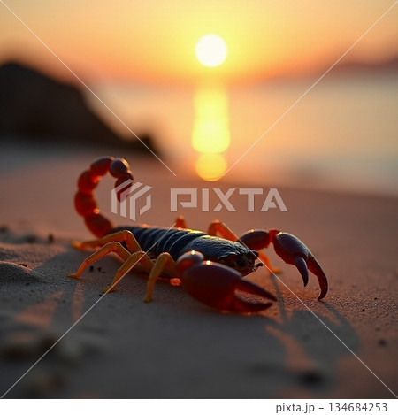 AI generated Crab moves slowly by water, Reptile traverses wet sand during sunset by calm 134684253