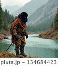 AI generated Rugged survivalist wearing fur helmet and carrying rifle in misty wilderness 134684423
