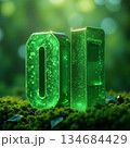 AI generated Shimmering green numerals displayed on lush moss with sunlight highlights 134684429
