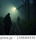AI generated Dramatic misty night featuring solitary investigator and distant shadow 134684430