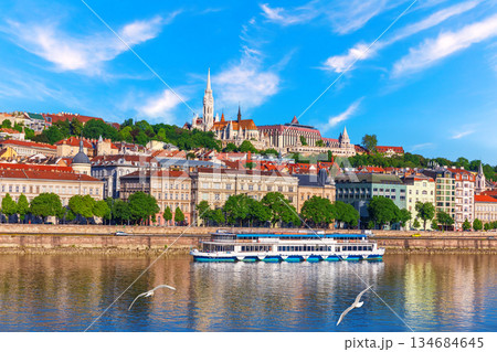 Panoramic view of Budapest skyline with Buda Castle and Matthias Church on Castle Hill, sunny day view from the Danube River 134684645
