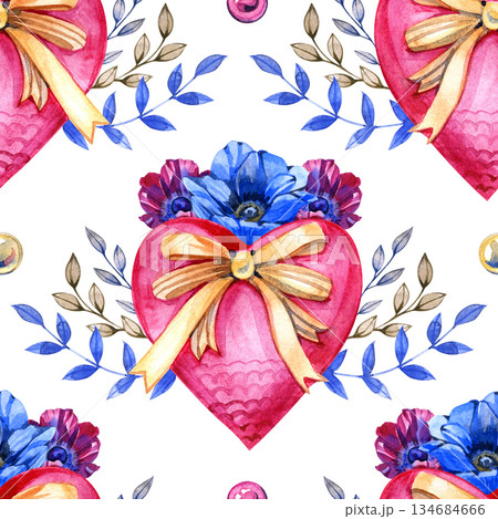 Seamless watercolor pattern with romantic heart shapes decorated with bows, blue anemone flowers, and delicate leaves. Hand painted floral illustration for Valentine s Day, love themed designs, and 134684666