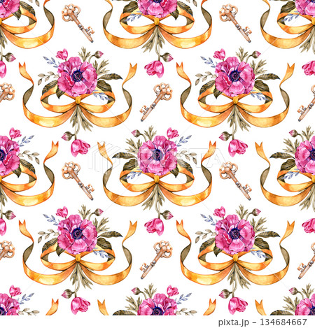 Seamless watercolor pattern with pink anemone flowers, golden ribbons, vintage keys, and elegant foliage. Romantic spring illustration in soft hand painted style, ideal for decorative and surface 134684667