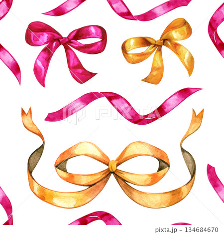 Watercolor seamless pattern with elegant ribbons and bows in pink and golden tones. Hand painted decorative elements create a festive, romantic design perfect for gift wrap, textiles, stationery 134684670