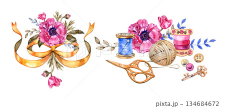 Watercolor collection of vintage sewing and craft elements. Featuring pink anemone flowers, a golden ribbon bow, scissors, spools of thread, a yarn ball, buttons, and an antique key. 134684672