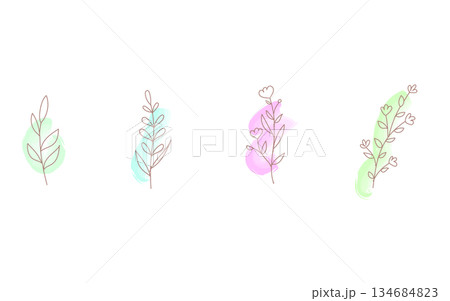 おしゃれな手描きの葉っぱのあしらいセット。水彩のワンポイント付き。 おしゃれな手描きの葉っぱのあしらいセット。水彩のワンポイント付き。 134684823