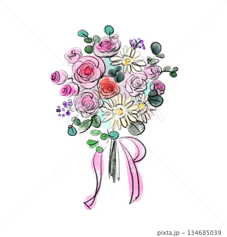 水彩風 手描き花束イラスト|ピンクのリボンと優しい花々 水彩風 手描き花束イラスト|ピンクのリボンと優しい花々 134685039