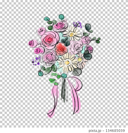 水彩風 手描き花束イラスト|ピンクのリボンと優しい花々 水彩風 手描き花束イラスト|ピンクのリボンと優しい花々 134685039