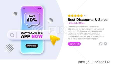 Discount mobile phone banner. App chat speech bubble. Save 60 percent off tag. Sale Discount offer price sign. Special offer symbol. Phone template with search bar. Download the app now. Vector Discount mobile phone banner. App chat speech bubble. Save 60 percent off tag. Sale Discount offer price sign. Special offer symbol. Phone template with search bar. Download the app now. Vector 134685148
