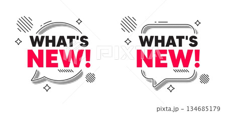 Whats new chat speech bubble. Social media concept. Whats new tag. Special offer sign. New arrivals symbol. Line design chat bubble. Vector 134685179