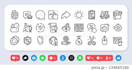 Sun energy, Loan and Cut line icons pack. Social media: share, comment, like icons. Binary code, Money profit, Safe planet web icon. Timer, Megaphone box, Fingerprint pictogram. Vector Sun energy, Loan and Cut line icons pack. Social media: share, comment, like icons. Binary code, Money profit, Safe planet web icon. Timer, Megaphone box, Fingerprint pictogram. Vector 134685180