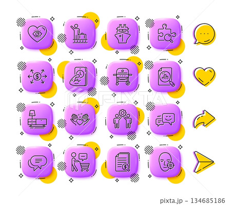Luggage belt, Buyer think and Fitness line icons. App 3d buttons. Social media comment, share, like icons. Pack of Employees teamwork, Happy emotion, Hold heart icon. Vector 134685186