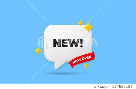 Arrivals ribbon speech bubble. Now open flag ribbon. New tag. Special offer sign. New arrival symbol. 3d sparkle stars speech bubble. Vector 134685187