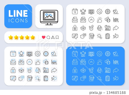 Password encryption, Brand and Checklist line icons for web app. Message, Share, Like social media icons. Pack of Annual calendar, Approved mail, Puzzle game pictogram icons. Vector 134685188