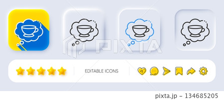 Coffee cup line icon. Neumorphic, Flat shadow, 3d buttons. Hot cappuccino sign. Speech bubble symbol. Line coffee cup icon. Social media icons. Vector 134685205