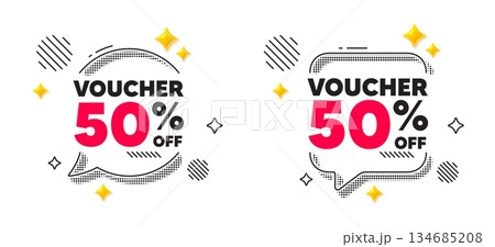 Coupon chat speech bubble. Social media concept. Voucher 50 percent off sale. Special offer coupon sign. Black friday discount symbol. 3d flare stars chat bubble. Vector 134685208