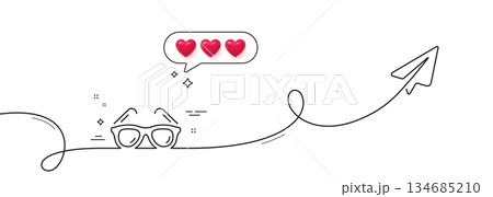 Travel sunglasses line icon. Continuous line with share plane. Trip sun glasses sign. Holidays symbol. Hearts rate review in speech bubble. Sunglasses single line ribbon. Loop curve pattern. Vector Travel sunglasses line icon. Continuous line with share plane. Trip sun glasses sign. Holidays symbol. Hearts rate review in speech bubble. Sunglasses single line ribbon. Loop curve pattern. Vector 134685210