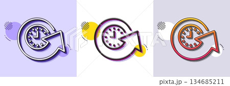 Update time line icon. Halftone dotted pattern. Gradient icon with grain shadow. Refresh watch sign. Line update time icon. Various designs. Vector 134685211