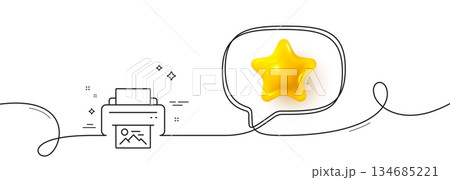 Print image line icon. Continuous line with 3d star. Photo printer sign. Picture symbol. 3d star in speech bubble. Print image single line ribbon. Loop curve pattern. Vector Print image line icon. Continuous line with 3d star. Photo printer sign. Picture symbol. 3d star in speech bubble. Print image single line ribbon. Loop curve pattern. Vector 134685221