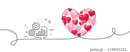Cogwheel chat line icon. Continuous line big heart. Engineering tool sign. Cog gear symbol. 3d hearts in heart shaped loop. Cogwheel single line ribbon. Loop curve pattern. Vector 134685231