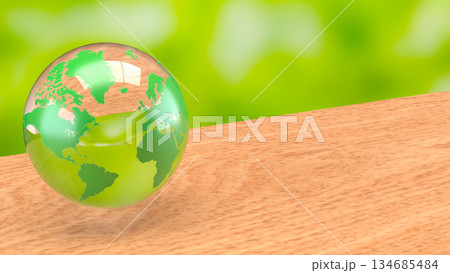 Transparent Green Earth Globe on Wooden Surface with Fresh Eco Background 3d render. Transparent Green Earth Globe on Wooden Surface with Fresh Eco Background 3d render. 134685484