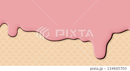 Melted strawberry ice cream drop on ice cream cone texture background graphic illustration have blank space. 134685703