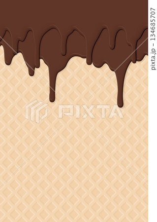 Melted chocolate ice cream drop on ice cream cone texture vertical background graphic illustration have blank space. 134685707