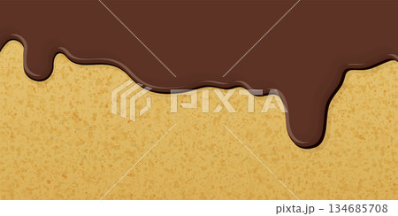 Melted milk chocolate pouring on sponge cake texture background graphic illustration. 134685708