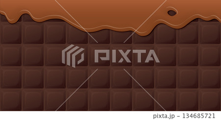 Melted caramel pouring on milk chocolate bar background graphic illustration. Melted caramel pouring on milk chocolate bar background graphic illustration. 134685721